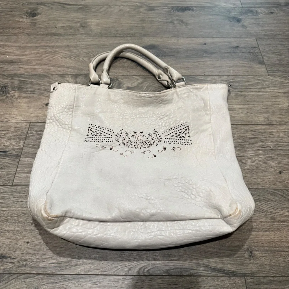 Gianni Notaro Genuine Leather Tote‎ Bag Cream Bow Detail Made in Italy